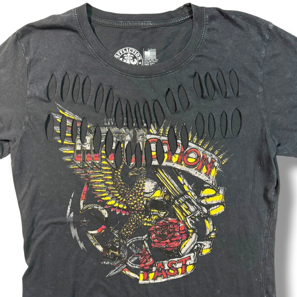 Affliction Live Fast Distressed Graphic Tee Women's Large Black Skull Eagle